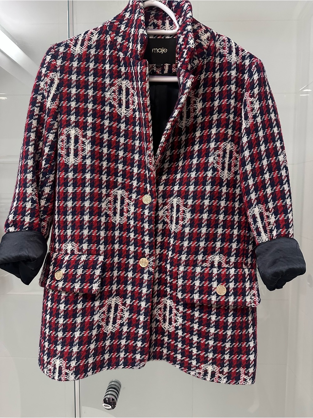 Maje Red Navy White Houndstooth Tweed Blazer
